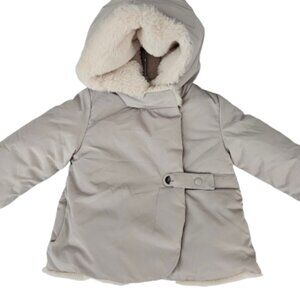Zara Baby Outerwear Collection Puffer Faux Fur Lined Hooded Coat Greige Sz 6-9M